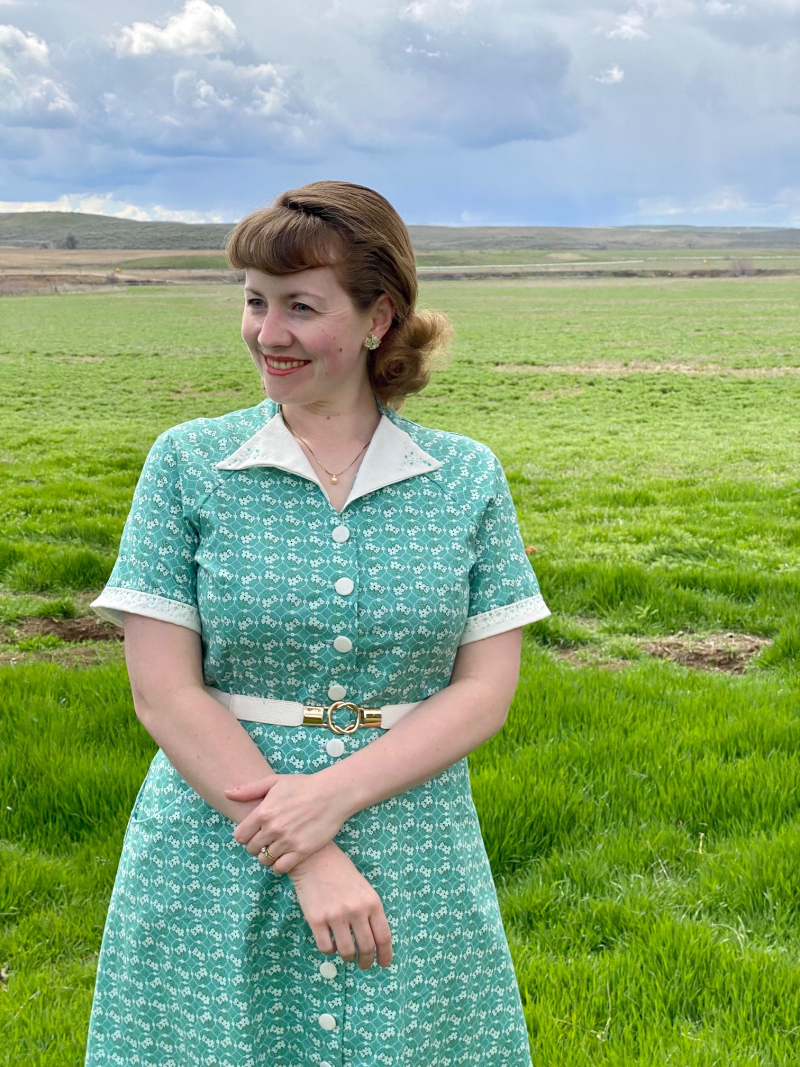 1950s Teal Floral House&nbsp;Dress